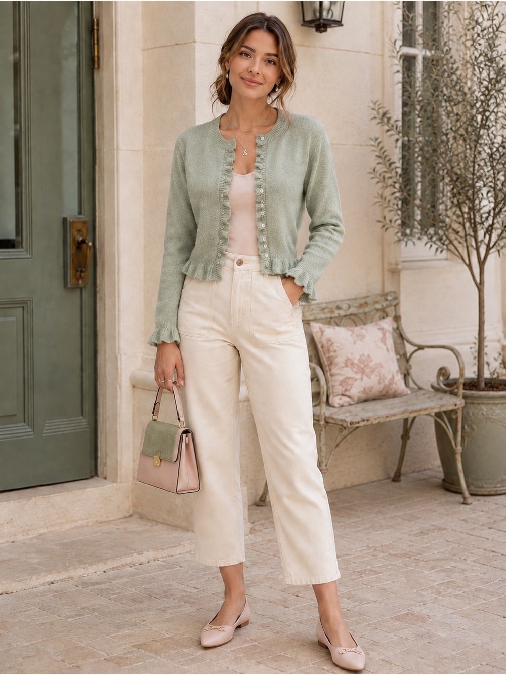 NWOT. Willow & Wind Sage Green Ruffle Trim Cardigan | Fall Romantic Cottagecore